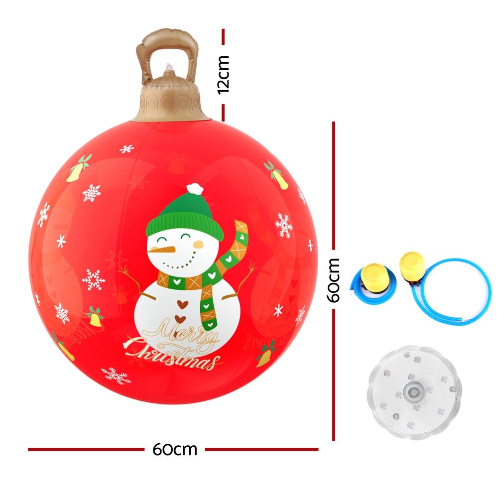 Red inflatable Christmas ball with snowman graphic, shown with LED unit and pump