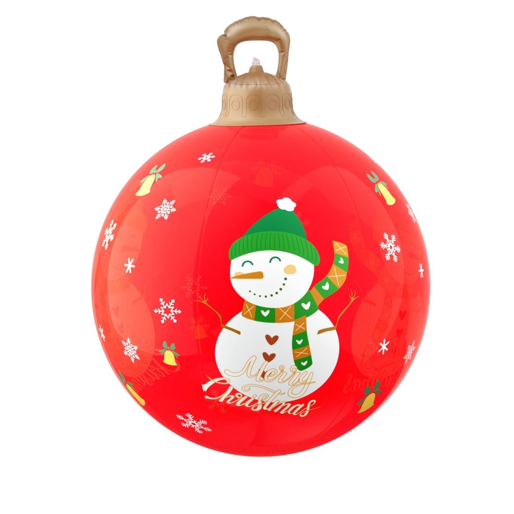 Red inflatable Christmas ball with snowman graphic and top carry handle