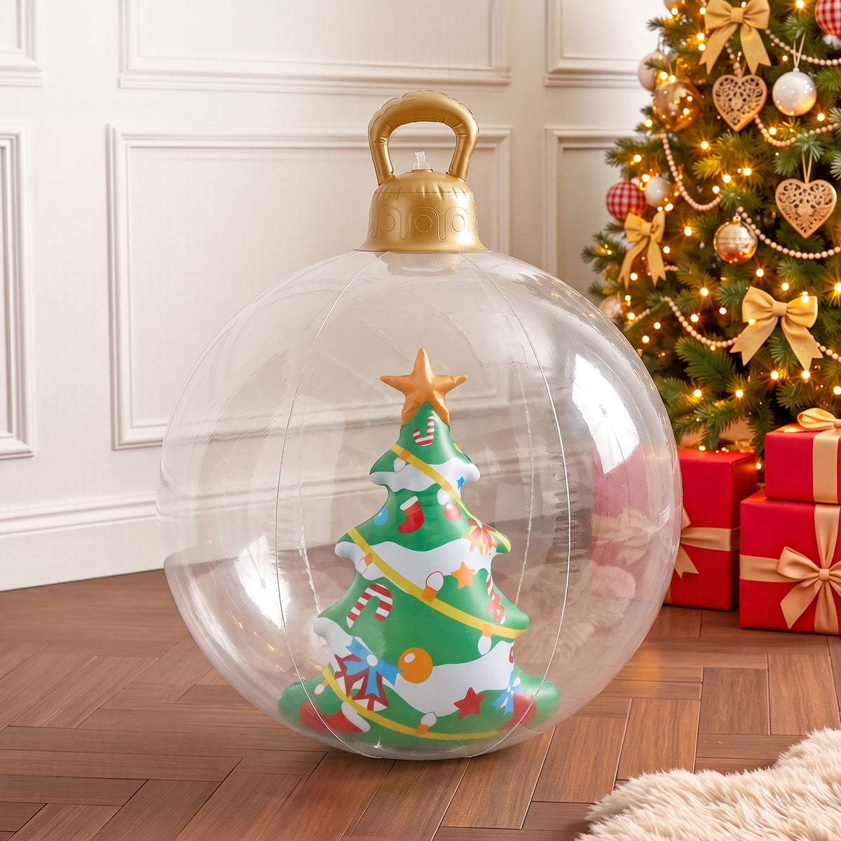 Giant clear inflatable Christmas bauble with gold top and tree graphic inside