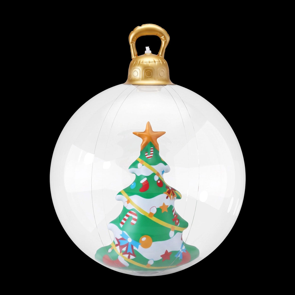 Clear inflatable Christmas bauble with gold handle top and colorful tree graphic