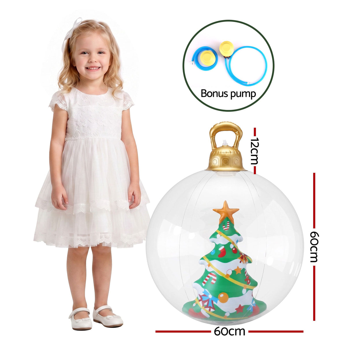 Clear inflatable Christmas bauble with gold cap and tree graphic, shown with child