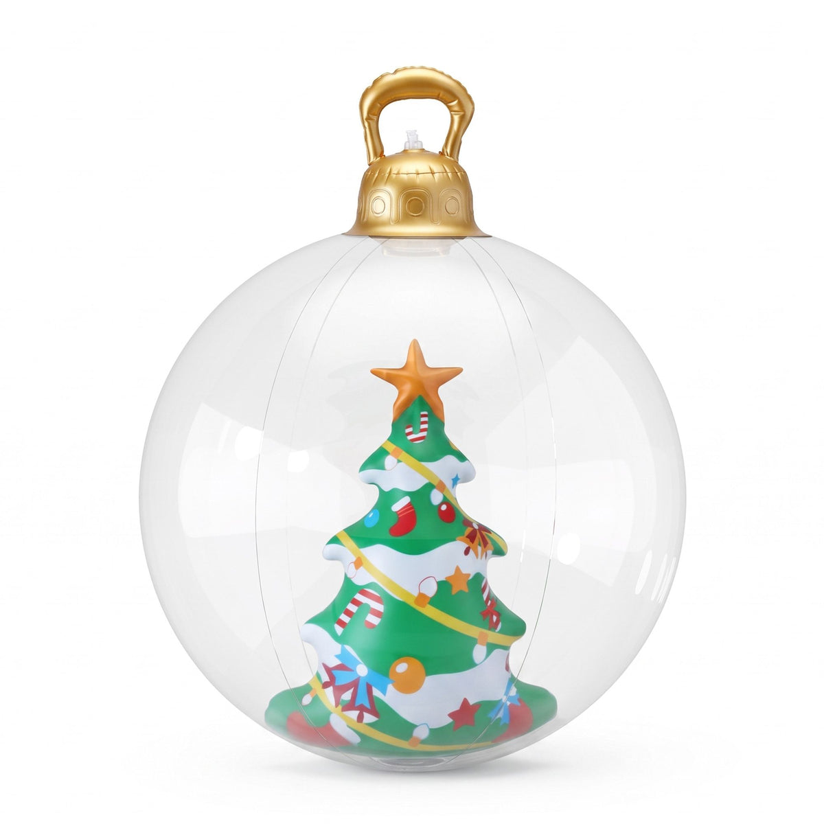 Clear inflatable Christmas bauble with gold handle cap and colorful tree graphic