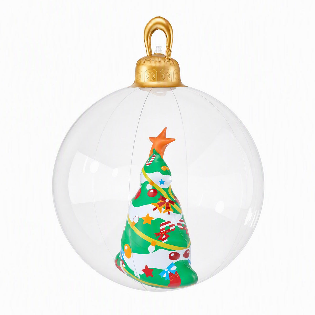 Clear inflatable Christmas bauble with gold top and tree graphic, front view