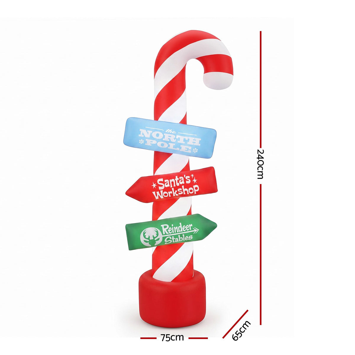Inflatable red-and-white candy pole with stacked banner signs and red base, freestanding