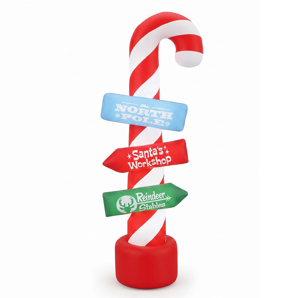 Inflatable candy pole with red-and-white spiral column, North Pole banner and red base