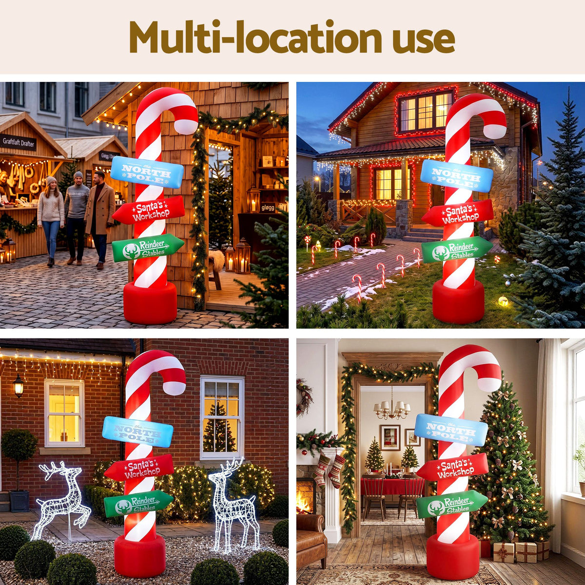 Set of inflatable candy poles with red bases and red-white striped spiral columns