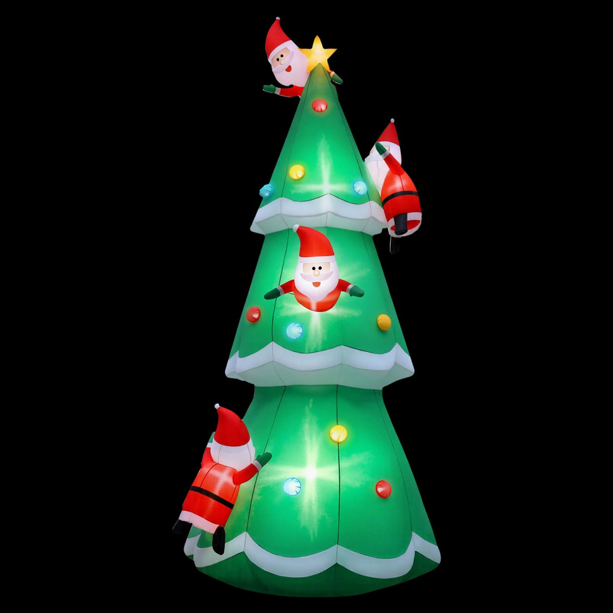 Inflatable Santa Christmas tree, green cone with glowing LED lights and Santa figures.