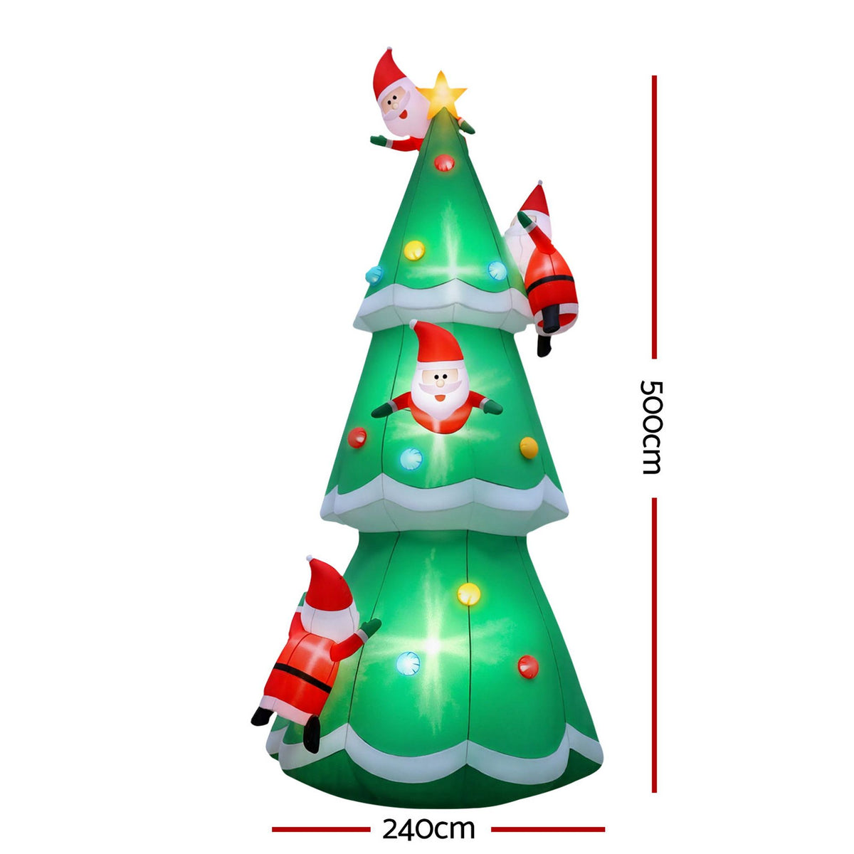 Inflatable Santa Christmas tree, green cone with star topper, LED lights, and Santa characters.