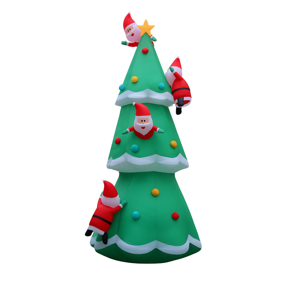Inflatable Santa Christmas tree decoration, green cone with glowing lights and waving Santa faces.