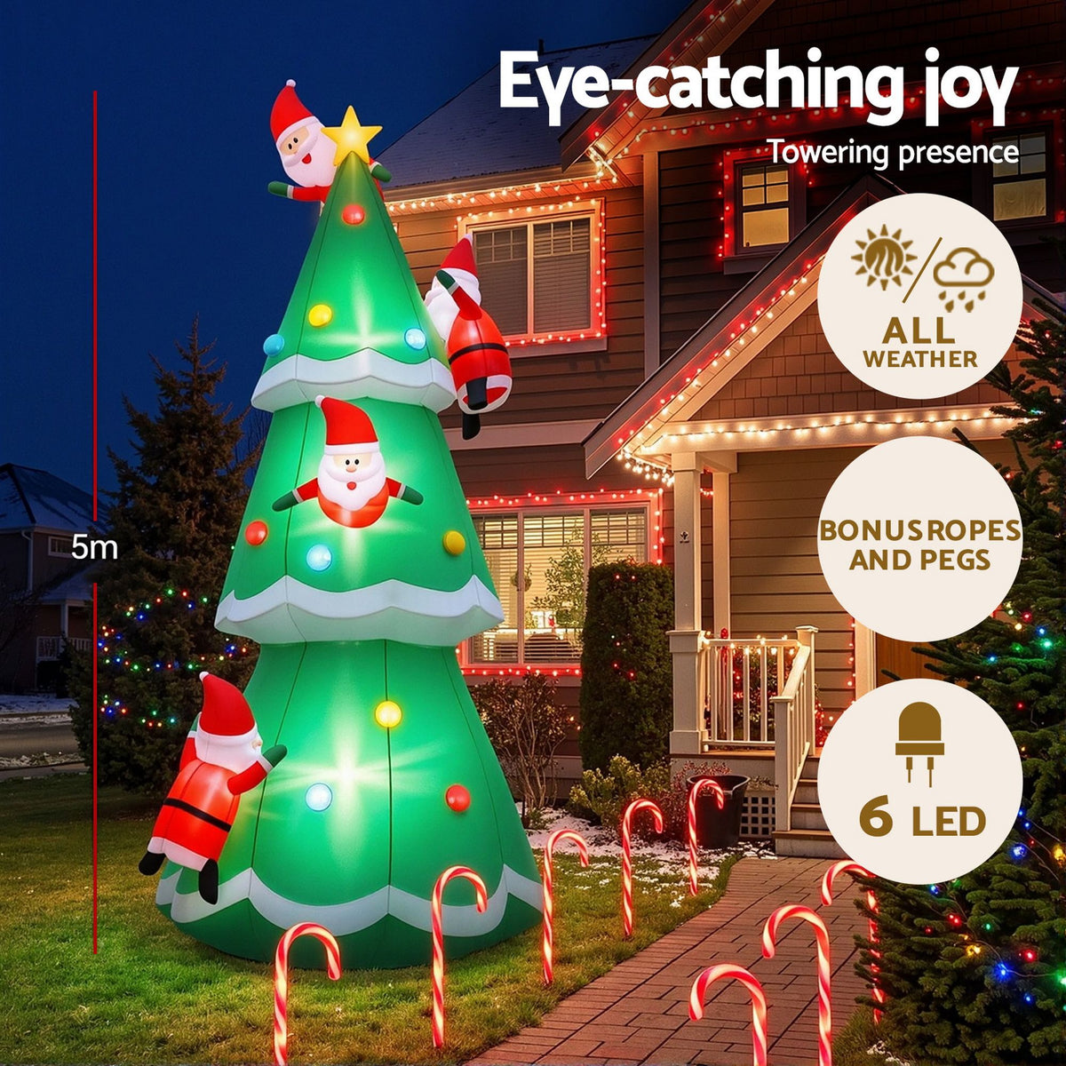 Inflatable Santa Christmas tree with glowing LED lights, star topper, and red-and-white Santa figures.