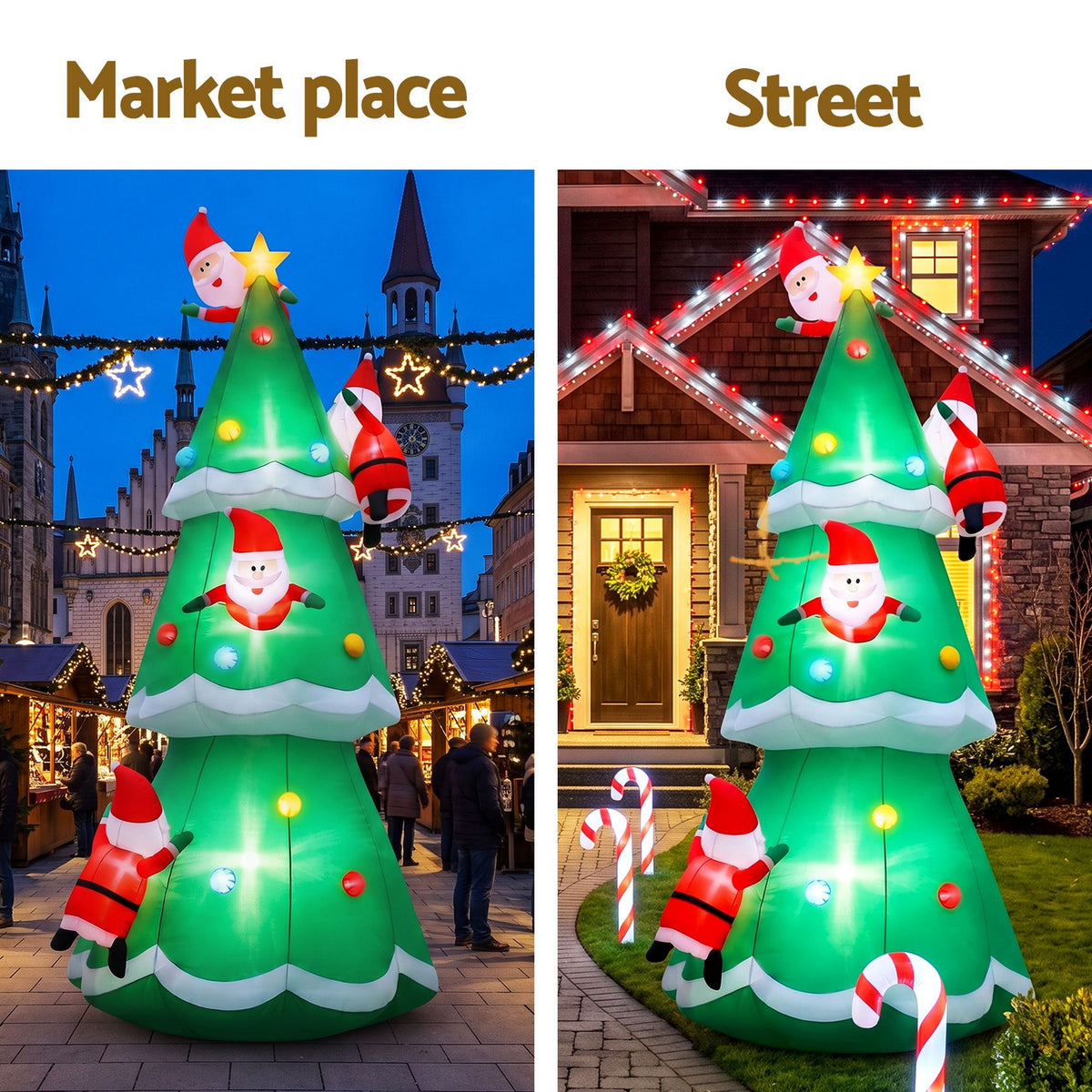 Inflatable Santa Christmas tree decoration, green LED-lit cone shown in two angles.