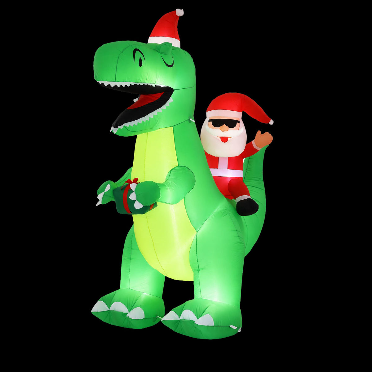 Illuminated inflatable Christmas dinosaur with Santa helper figure, green with red hat