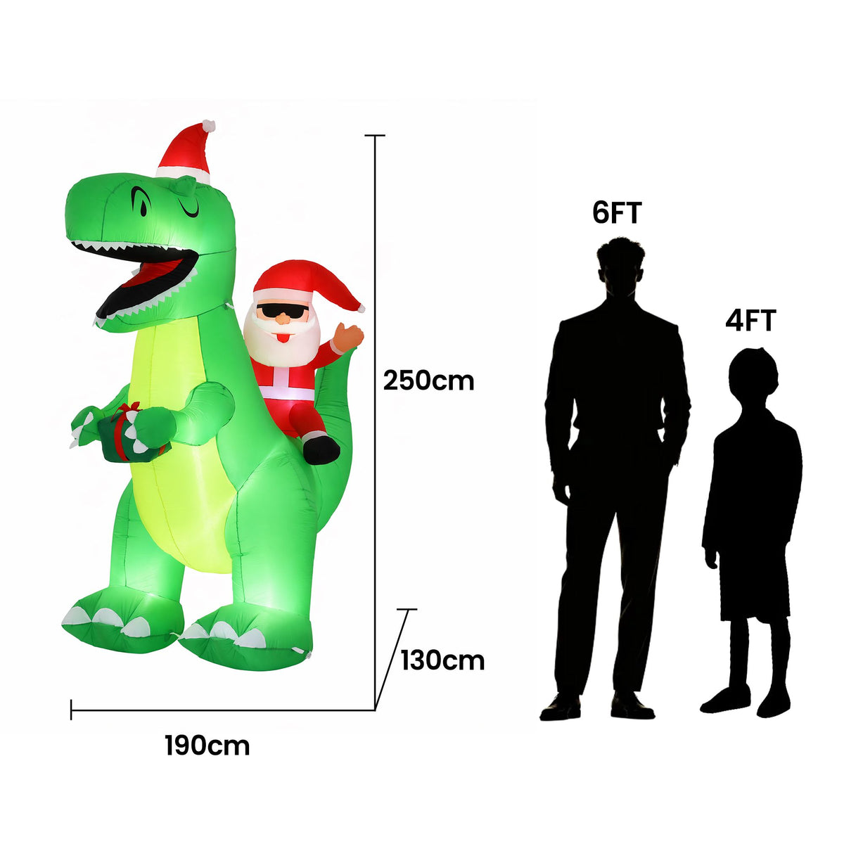 Inflatable Christmas dinosaur decoration with Santa helper figure and size guide