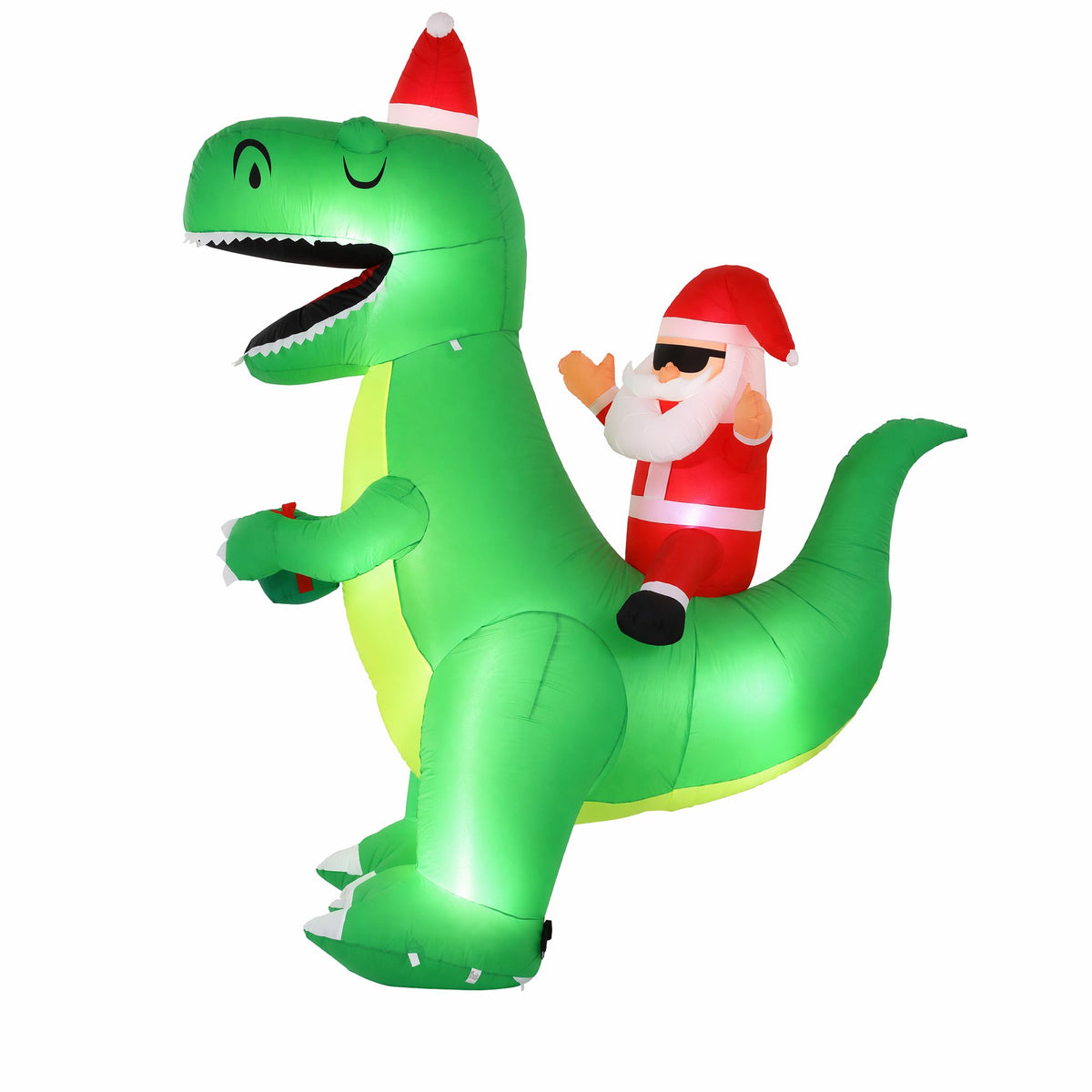 Green inflatable Christmas dinosaur with Santa helper figure, waving arm