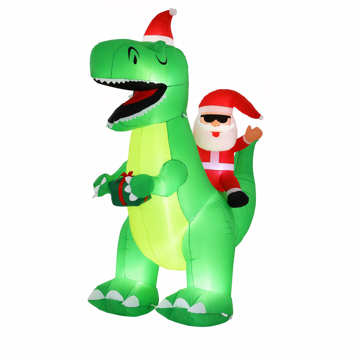 Standing illuminated inflatable Christmas dinosaur with Santa helper figure and red hats
