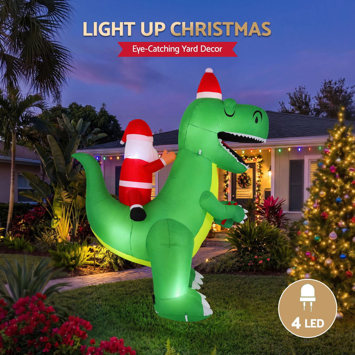 Light-up inflatable Christmas dinosaur with Santa helper figure, green glow