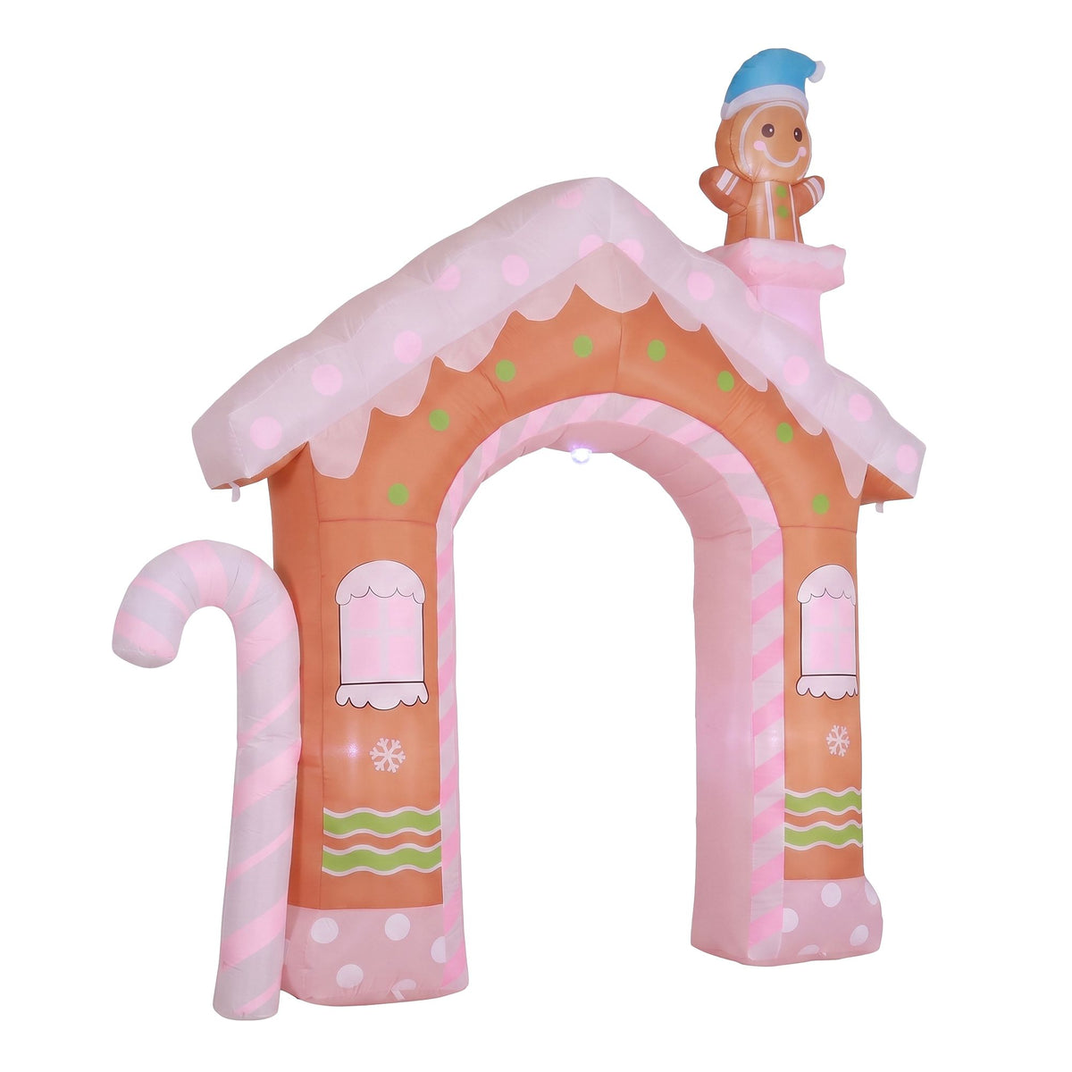Inflatable gingerbread house decoration with illuminated arch doorway and candy-cane side detail
