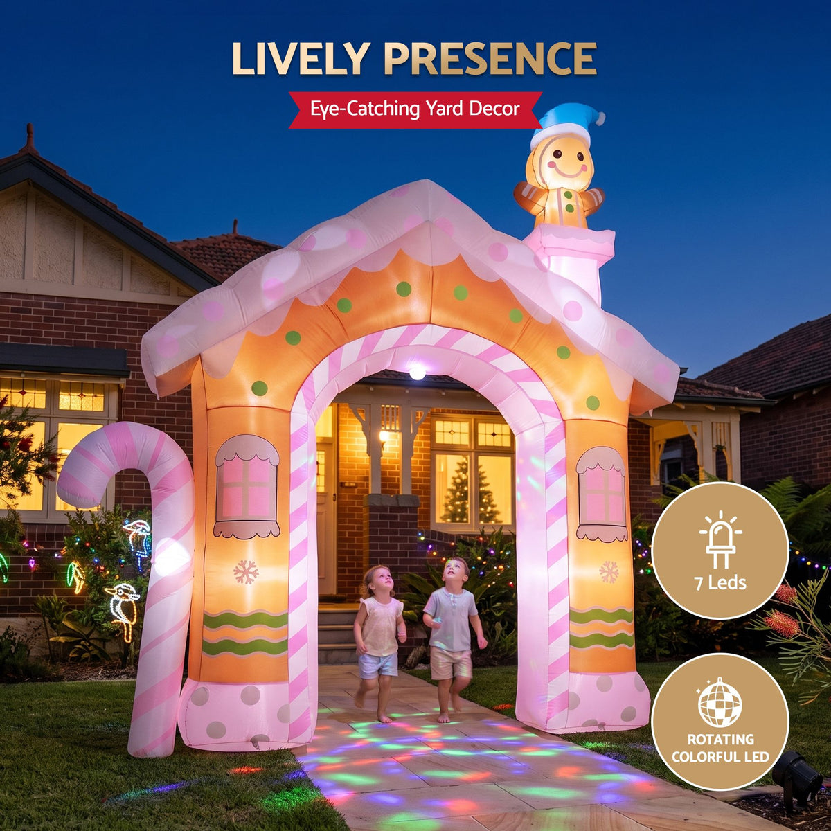Inflatable gingerbread house decoration with multicolor LED floor lights and nutcracker topper