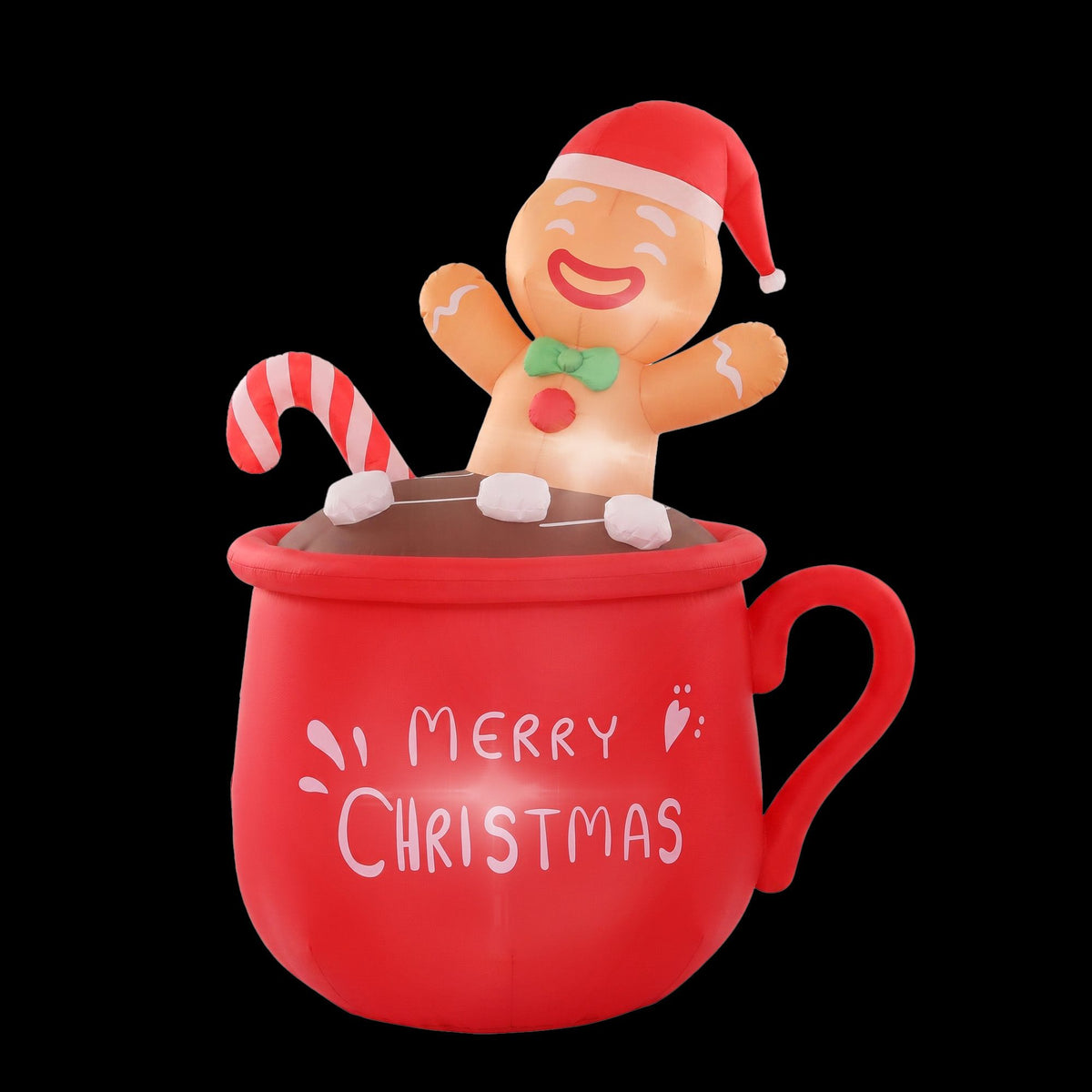 Red inflatable Christmas mug decoration with smiling gingerbread figure and candy cane
