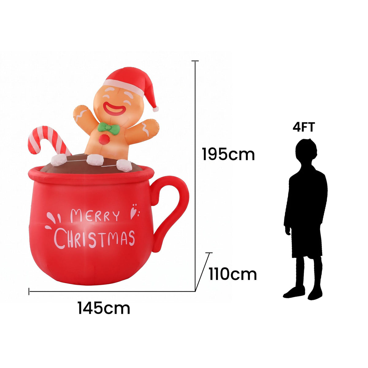 Red inflatable Christmas mug decoration with smiling gingerbread figure and candy cane