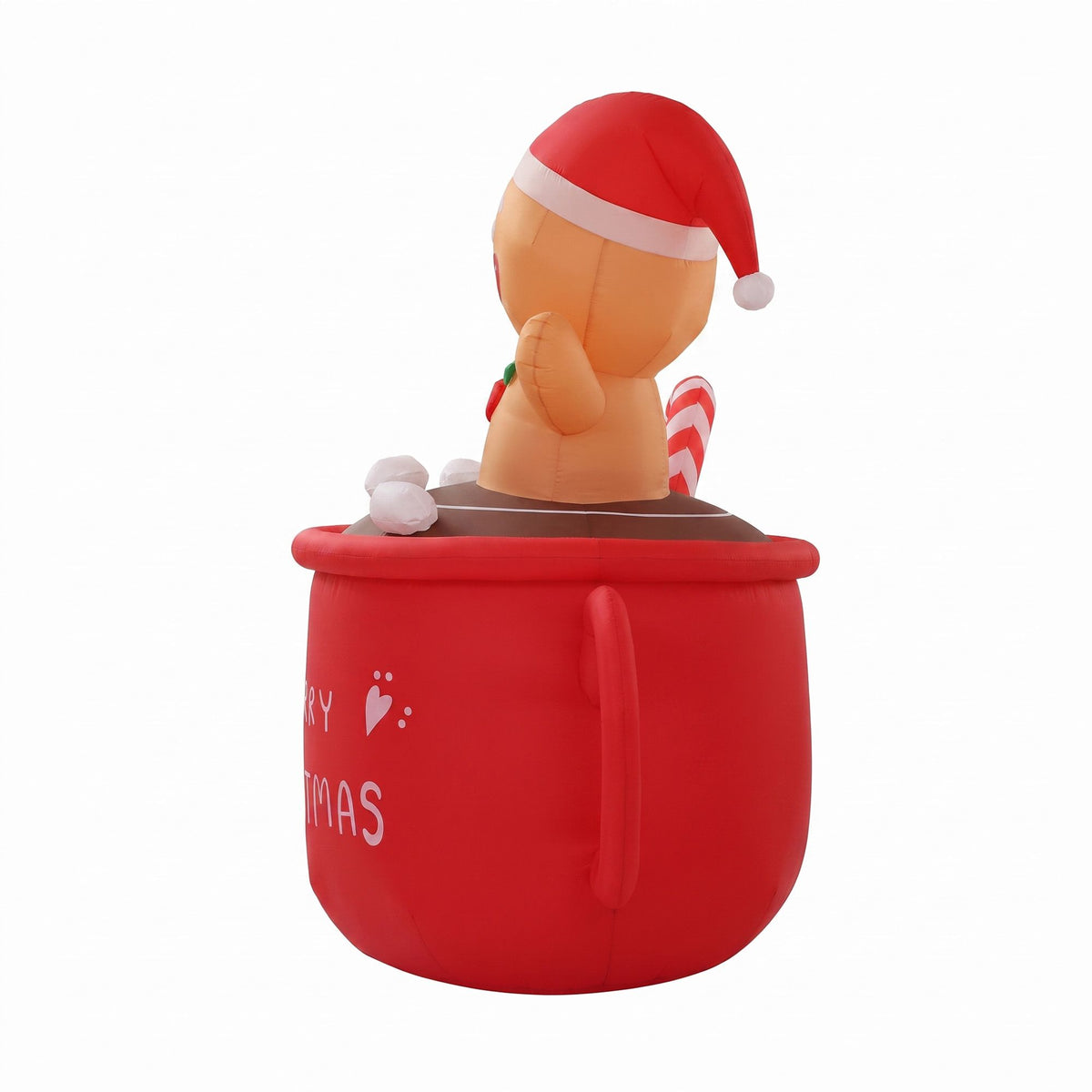 Red inflatable Christmas mug with gingerbread figure wearing Santa hat and green bow tie