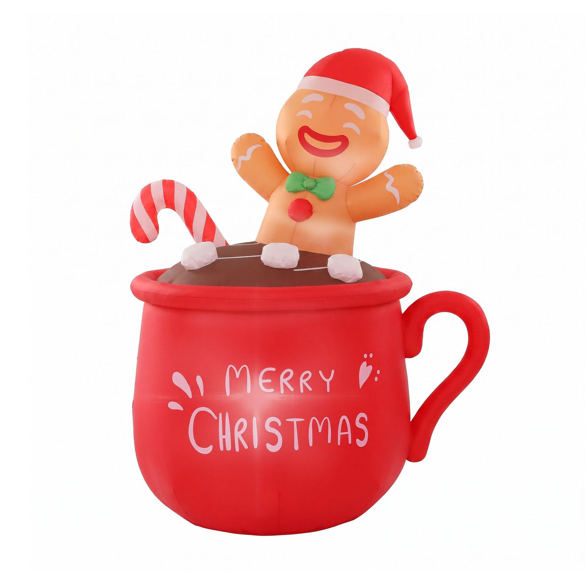 Red inflatable Christmas mug with gingerbread character, candy cane, and 'Merry Christmas' print