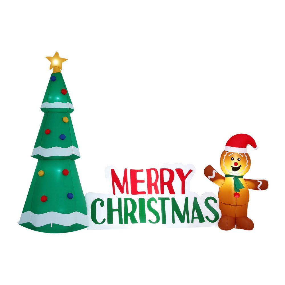 Inflatable green Christmas tree decoration with LED lights and gingerbread character