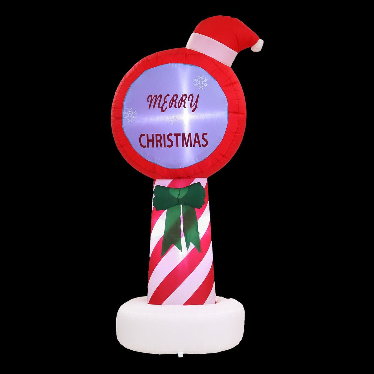 Inflatable Christmas pole with red top hat, round “Merry Christmas” sign, and striped body