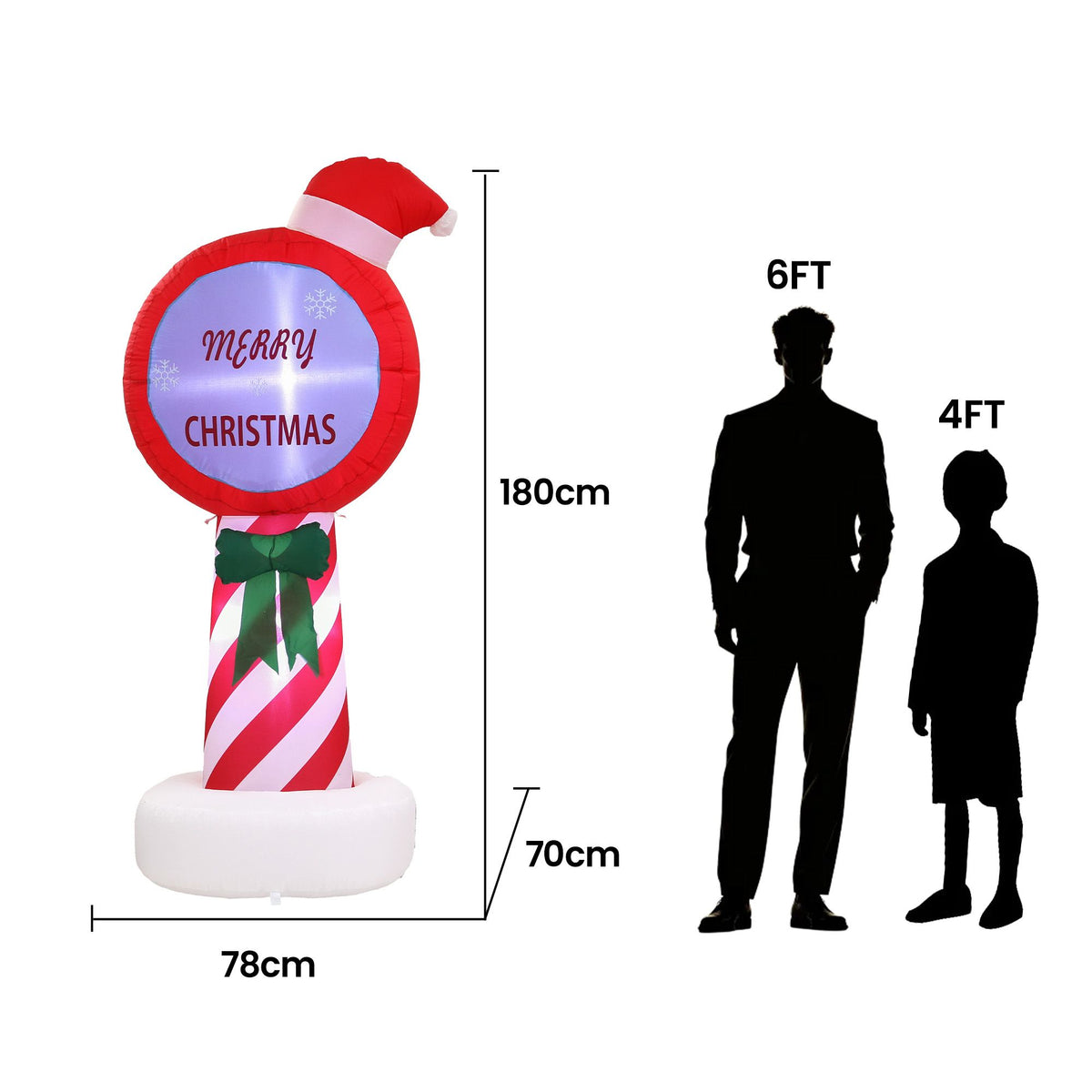 Inflatable Christmas yard decoration with red cap, “Merry Christmas” circle, striped body, bow