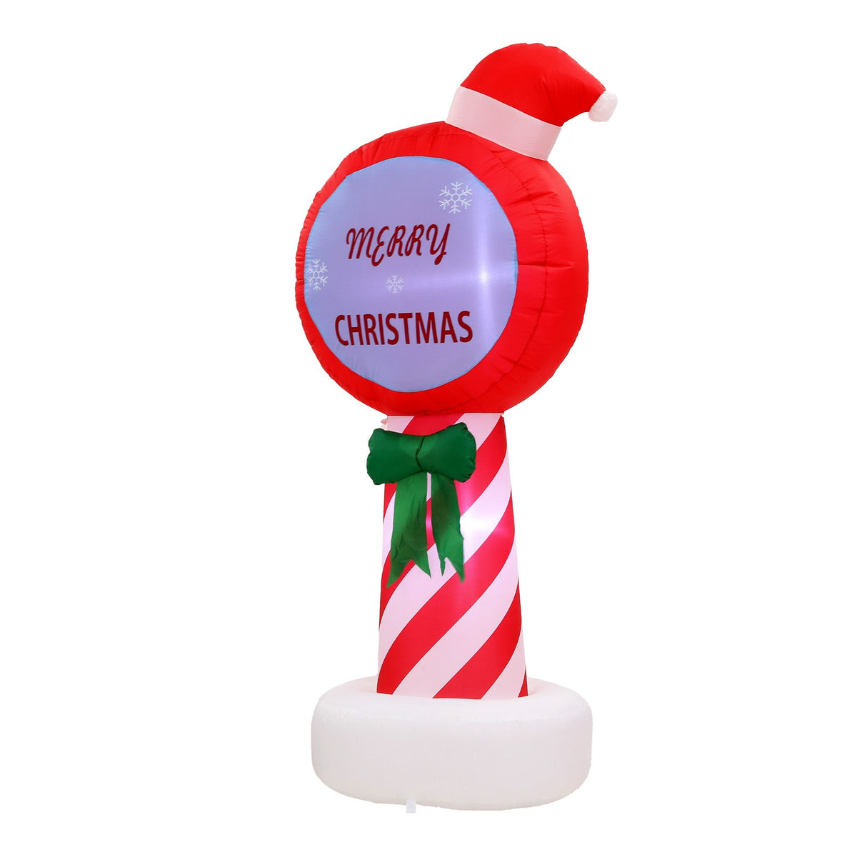 Inflatable Christmas pole decoration with round “Merry Christmas” graphic, green bow, striped wrap