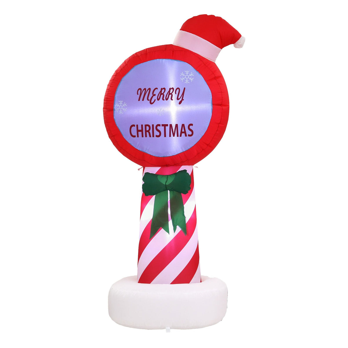 Inflatable Christmas pole with red hat top, “Merry Christmas” round sign, green bow and stripes