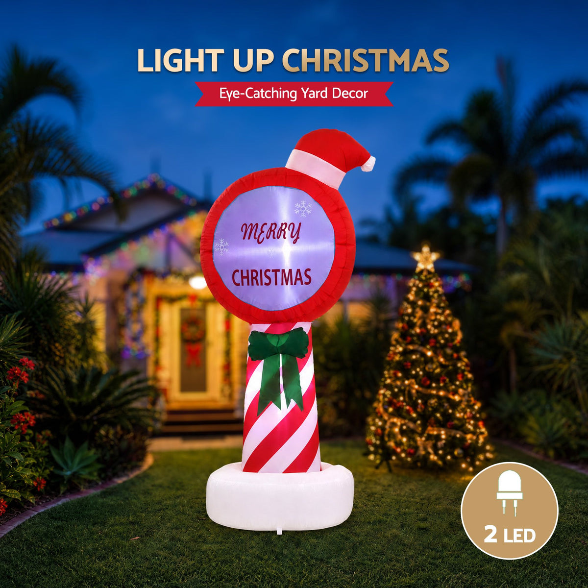 Light-up inflatable Christmas pole decoration with “Merry Christmas” circle and striped candy-cane body
