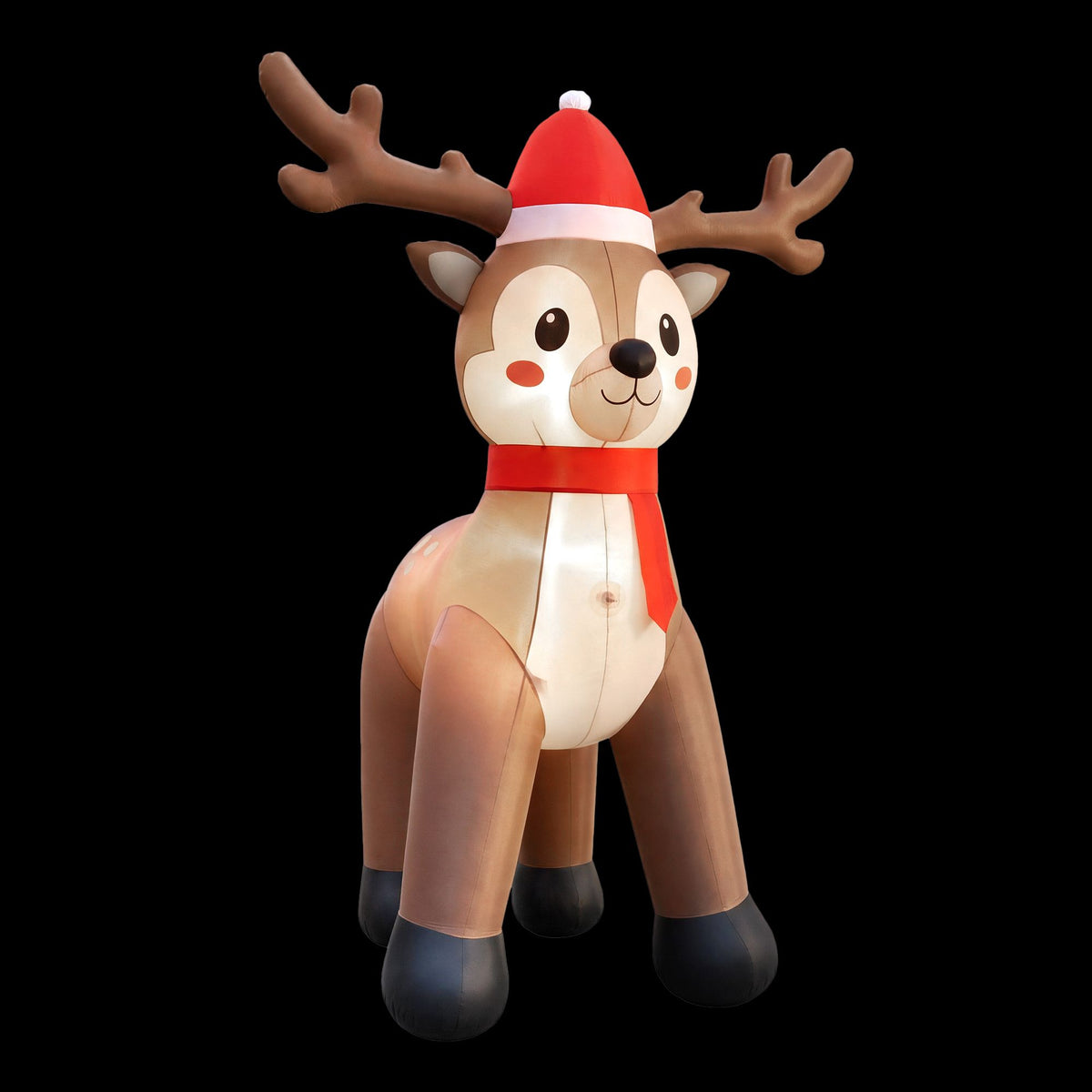 Illuminated inflatable reindeer with red Santa hat and red scarf