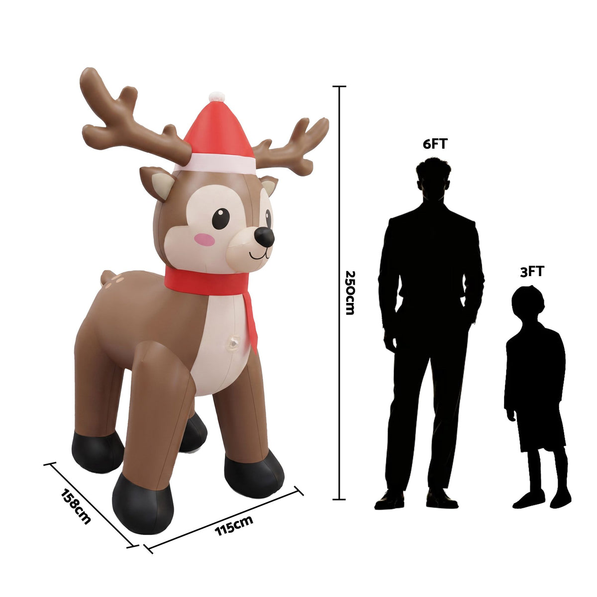 Inflatable reindeer standing beside size diagram silhouettes
