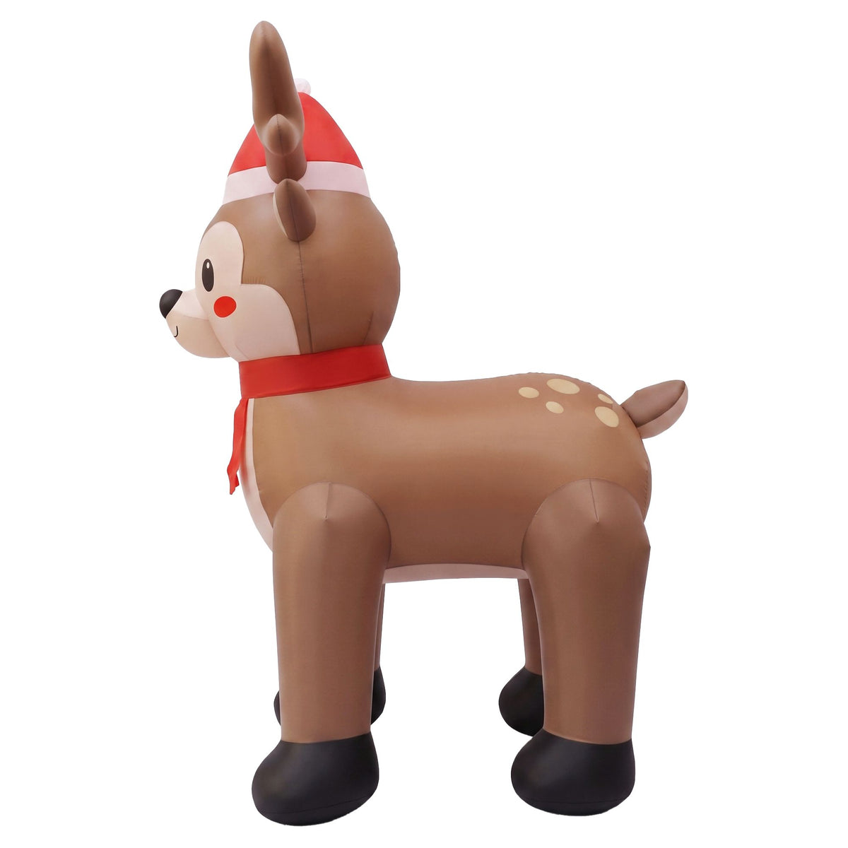 Inflatable reindeer in profile with red Santa hat and red scarf