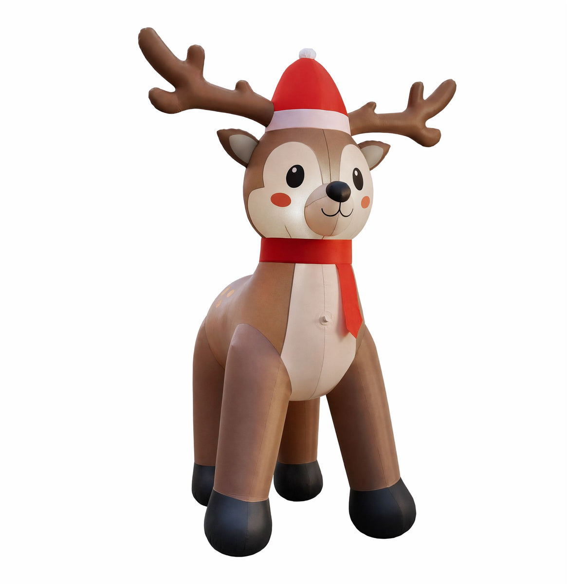 Inflatable reindeer decoration with red Santa hat and red scarf
