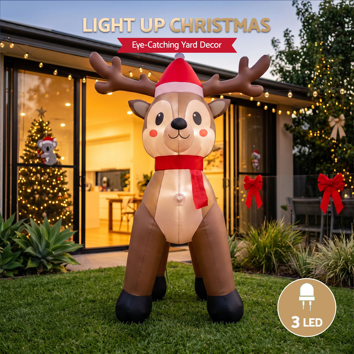 Illuminated inflatable reindeer with red hat and scarf, 3 LED lights