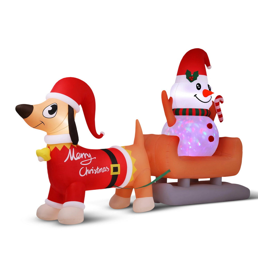 Inflatable dog and snowman decoration with LED lights, Santa-style red outfit