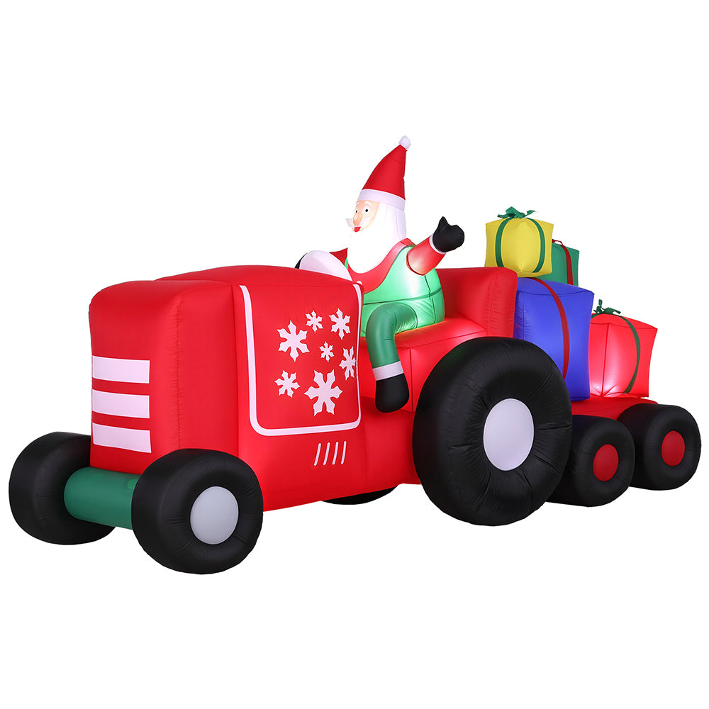 Inflatable Santa truck with red body, green boots, black tires, and LED light details
