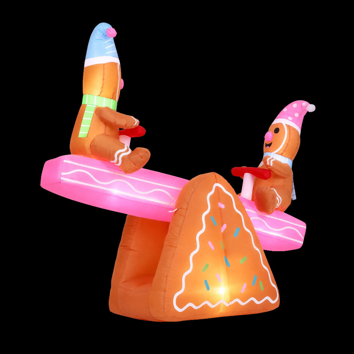 LED inflatable Christmas seesaw with two elf figures, orange base and pink runners