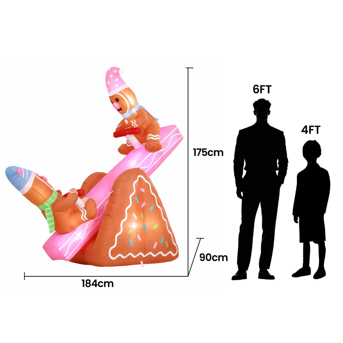 LED inflatable Christmas seesaw with two elf figures, orange base and pink runners