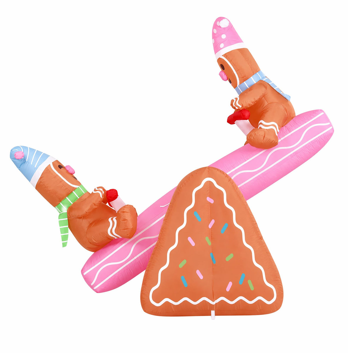 LED inflatable Christmas seesaw with two seated elf figures, orange cone base and pink slide