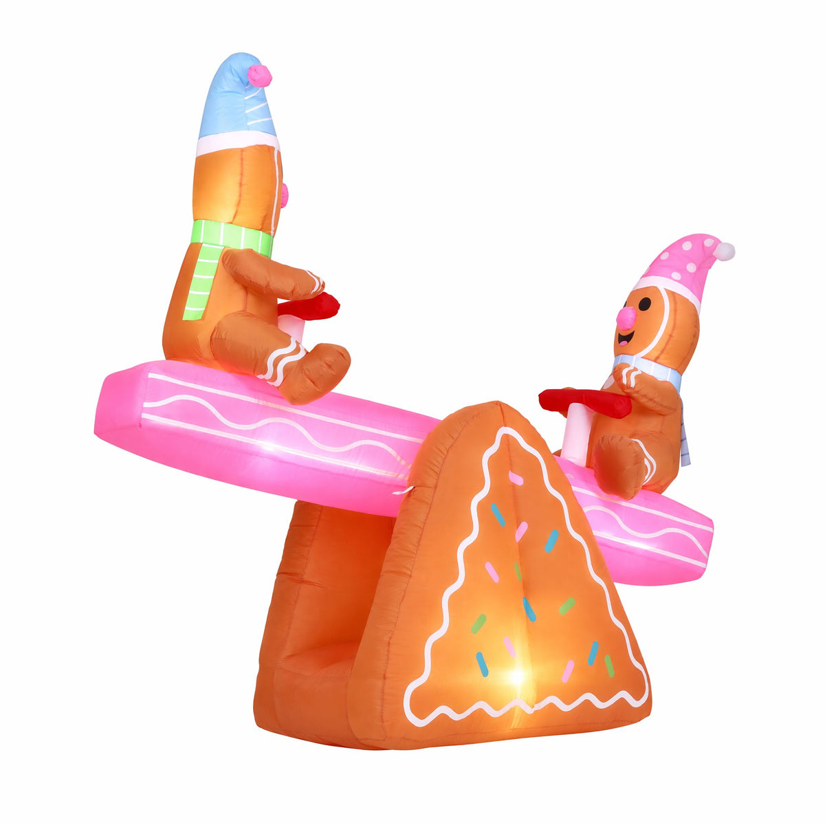 LED inflatable Christmas seesaw with two elf figures, orange glowing base and pink platform