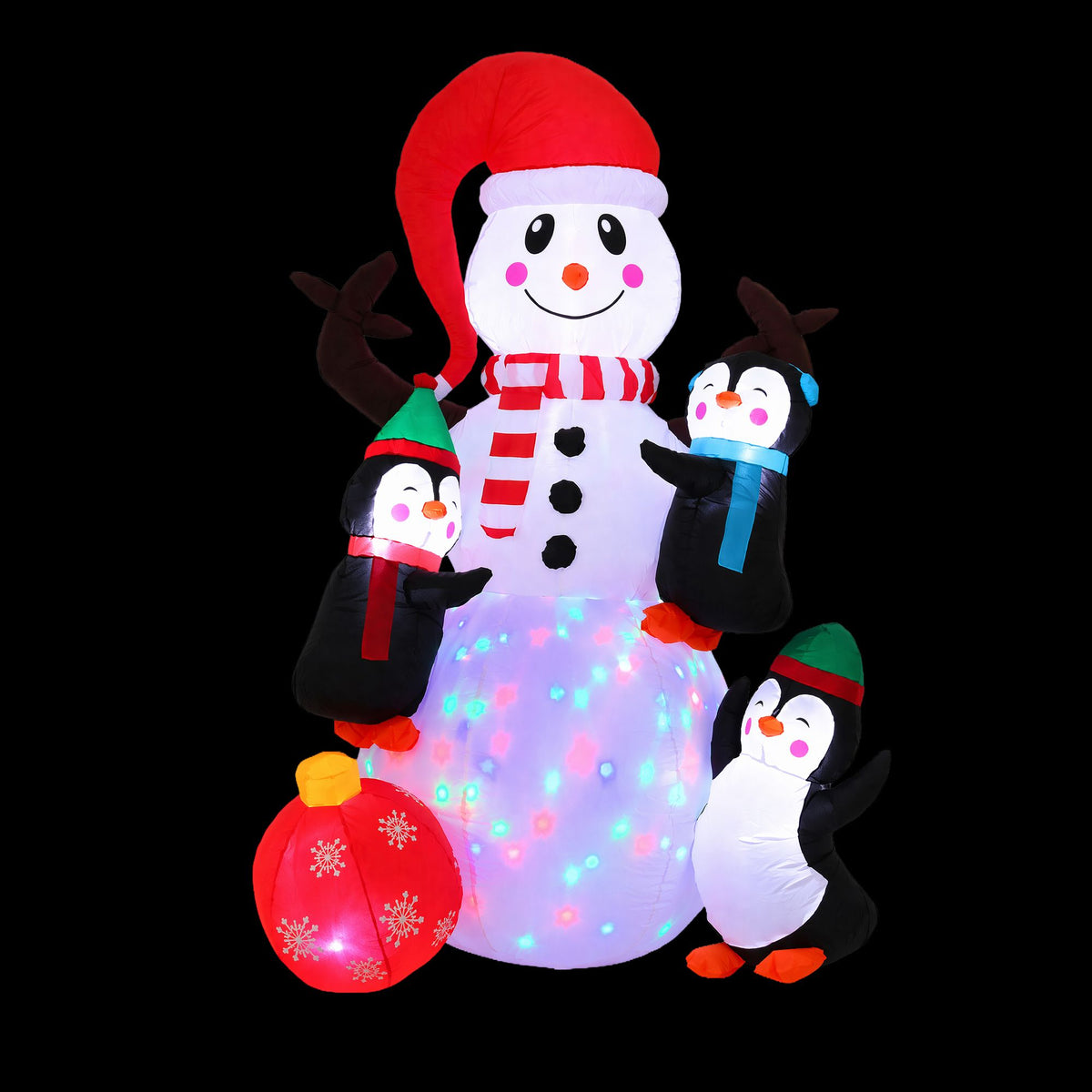 Inflatable snowman decoration with LED lights, red hat, scarf, and penguin figures