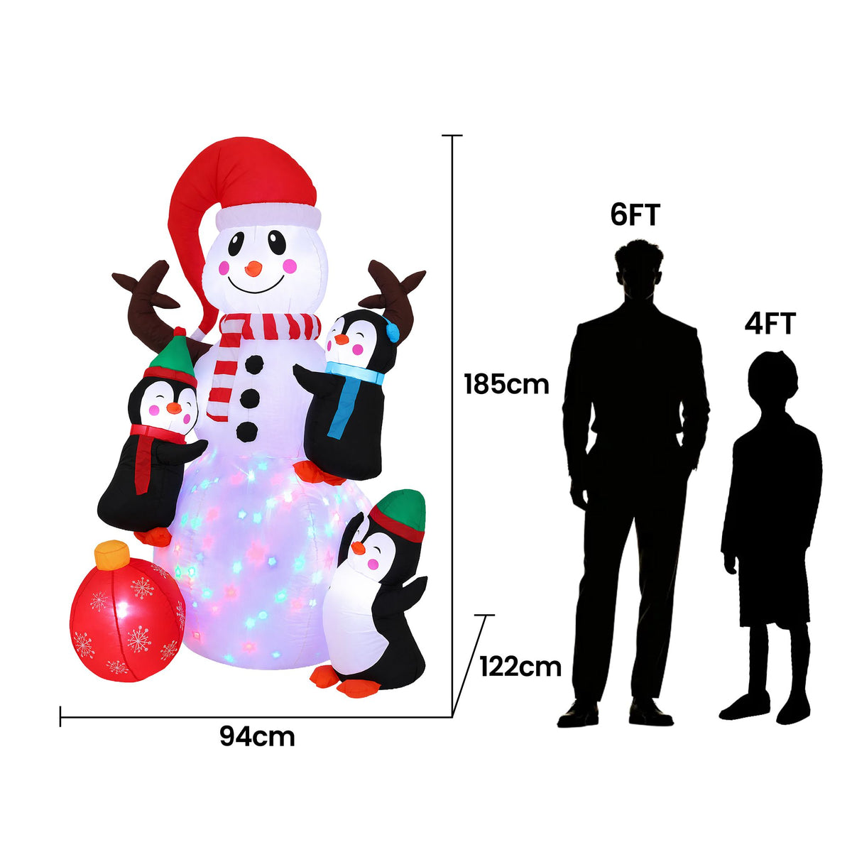 Inflatable LED snowman yard decoration with penguin figures and bundled ornament ball