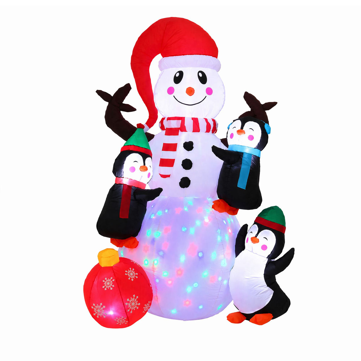 Inflatable LED snowman with red hat, striped scarf, two penguin figures, and ornament ball