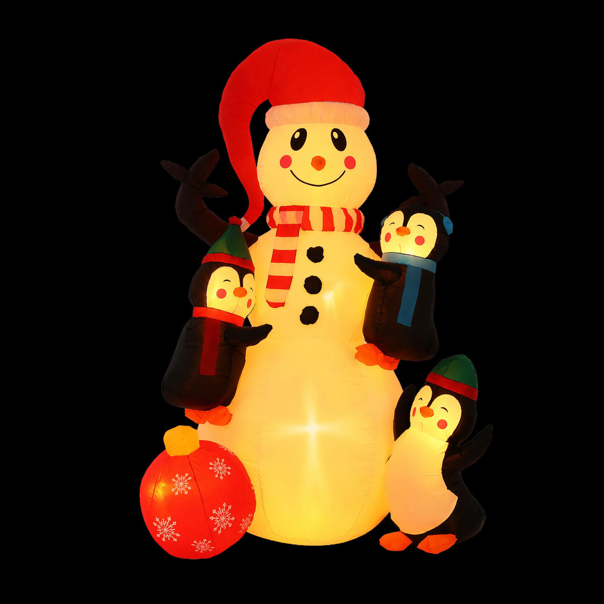 Inflatable Christmas snowman decoration with red hat, scarf, and lit warm LED glow