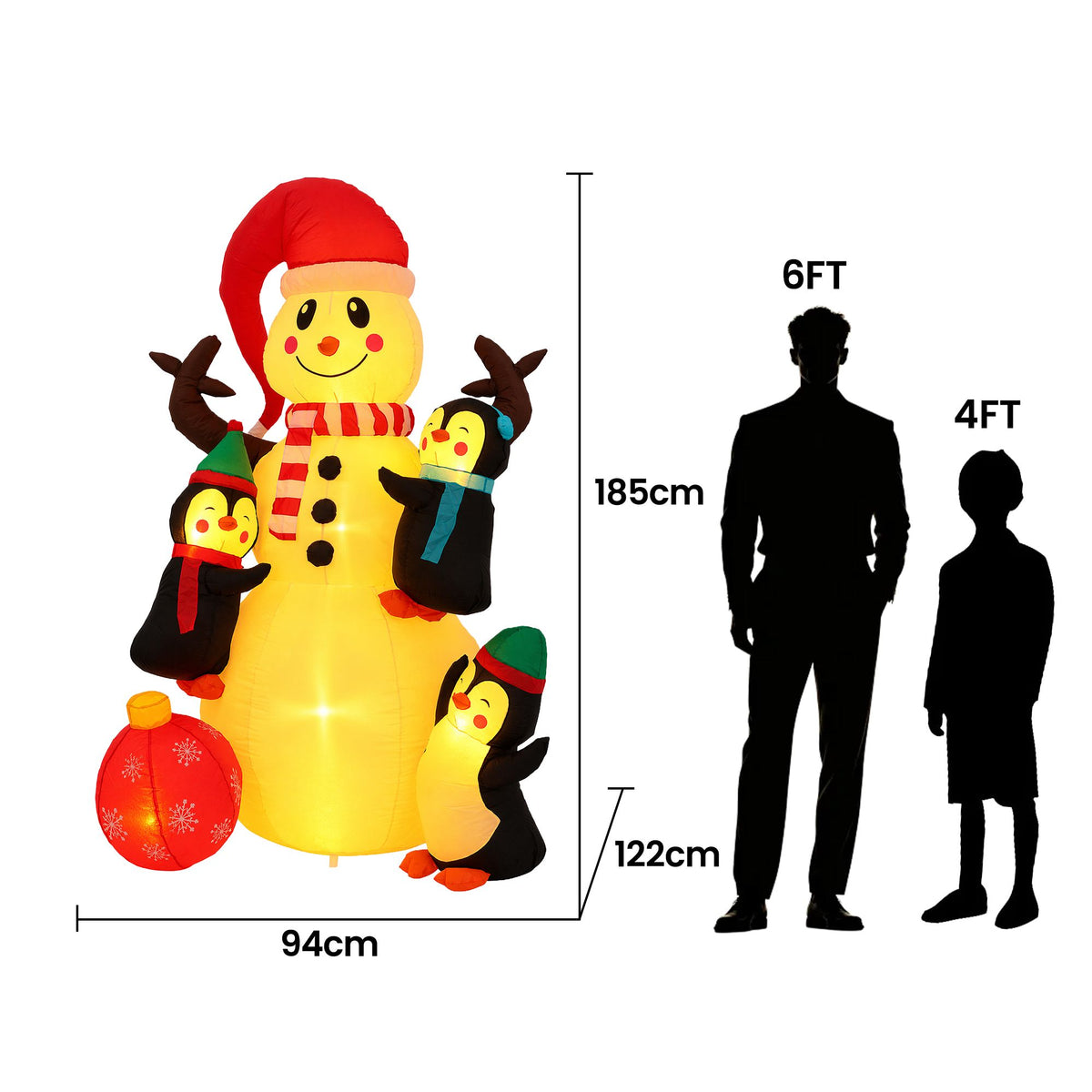 Inflatable snowman with LED warm light and small penguin figures, bundled display sizes shown
