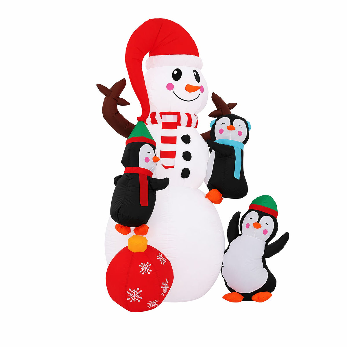 Inflatable snowman with red hat and striped scarf, warm LED lighting and four penguin figures