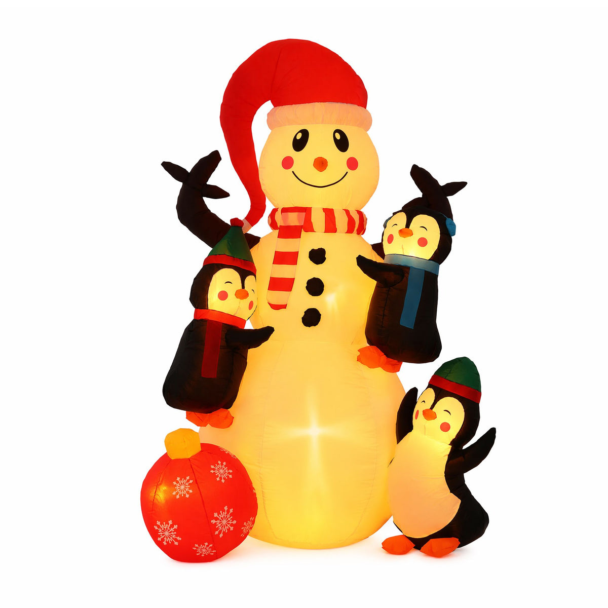 Inflatable snowman decoration with warm LED glow, red hat, scarf, and holding penguin figures
